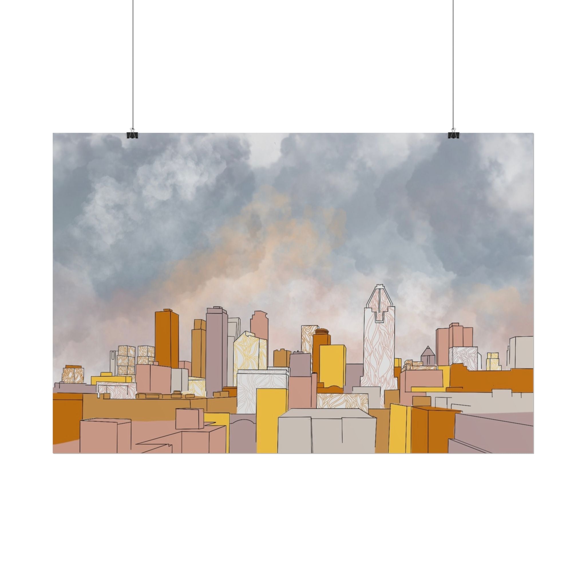 City Skyline Illustration Rolled Posters | Urban Sunset Skyline Wall Art