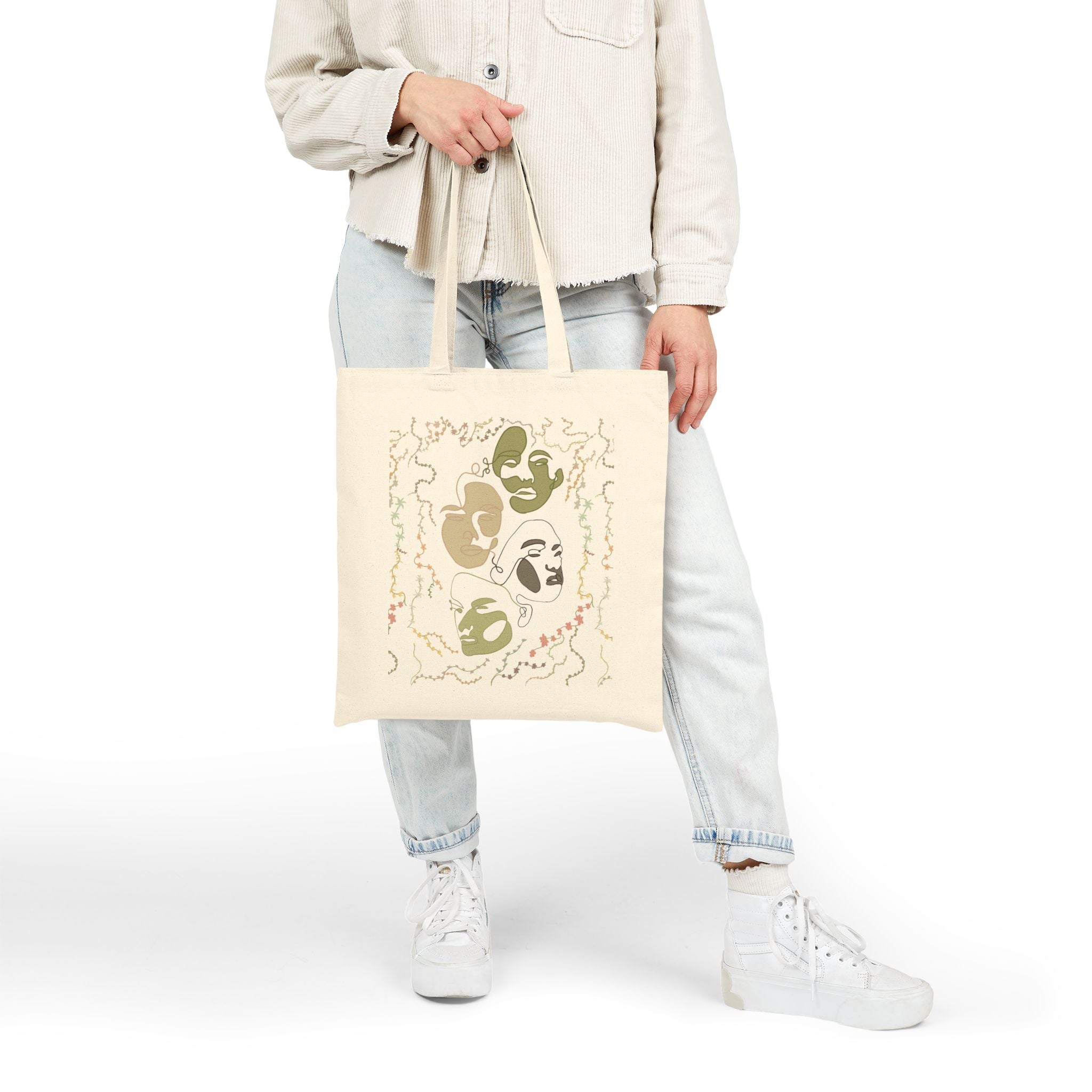 Canvas Tote Bag — Abstract Olive & Beige Face Art Eco Shopper